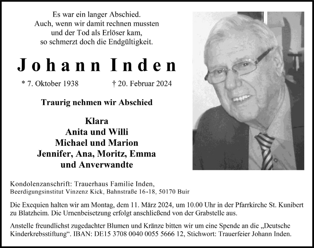  Traueranzeige für Johann Inden vom 01.03.2024 aus  Werbepost 