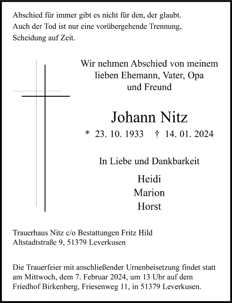  Traueranzeige für Johann Nitz vom 02.02.2024 aus  Lokale Informationen 
