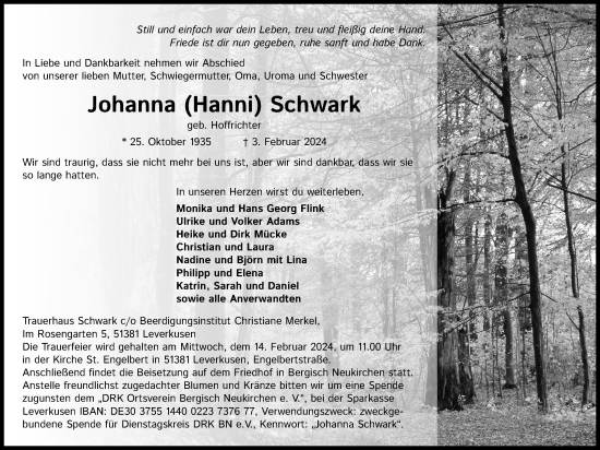 Anzeige von Johanna Schwark von Kölner Stadt-Anzeiger / Kölnische Rundschau / Express