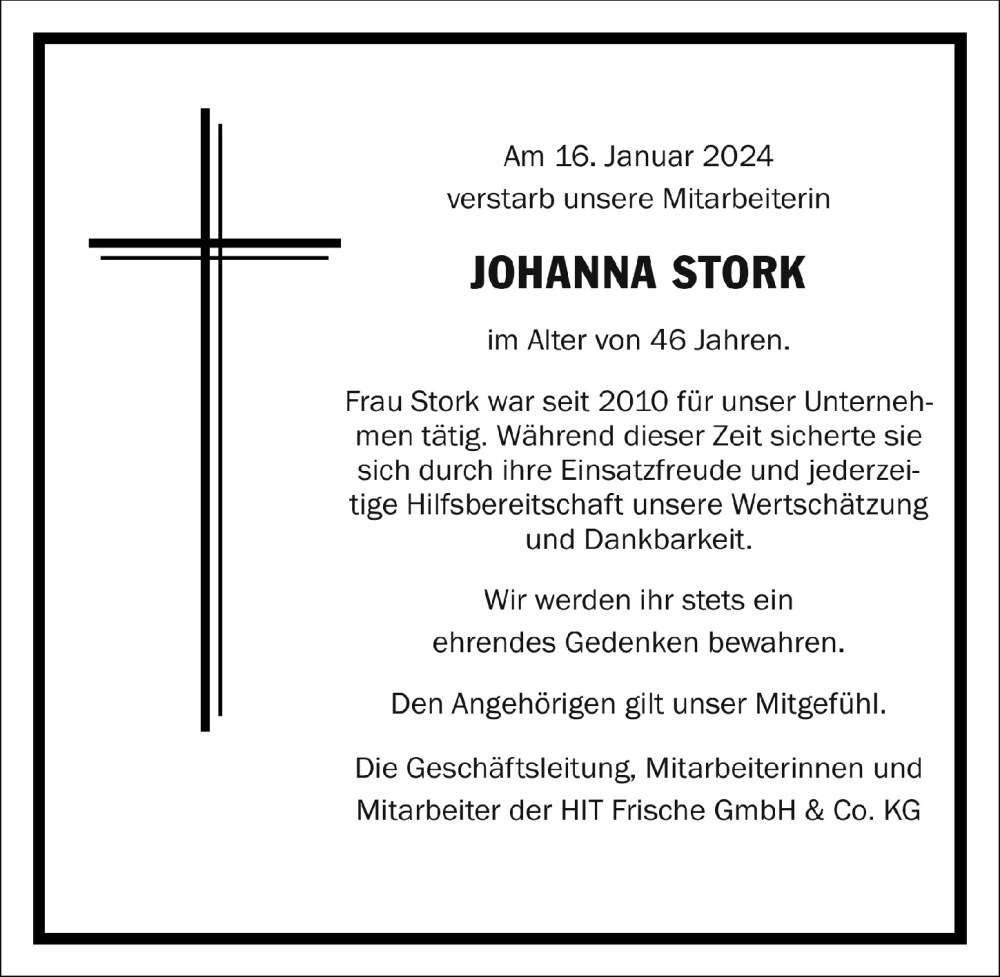  Traueranzeige für Johanna Stork vom 02.02.2024 aus  EXPRESS - Die Woche 