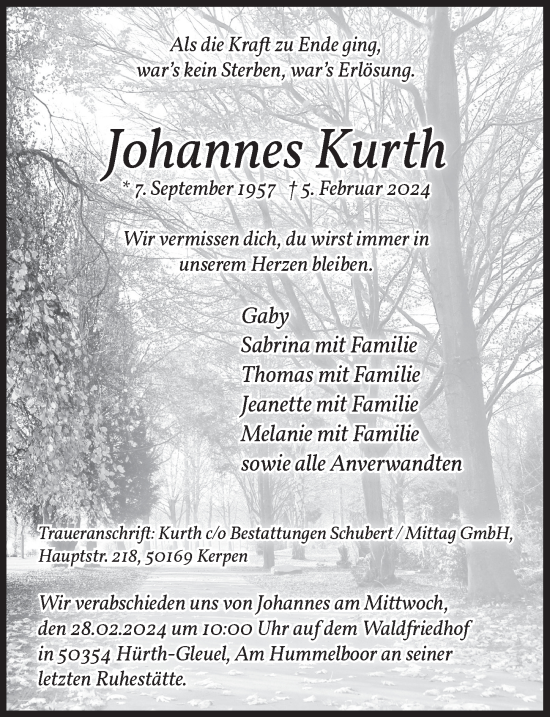 Anzeige von Johannes Kurth von  Wochenende 