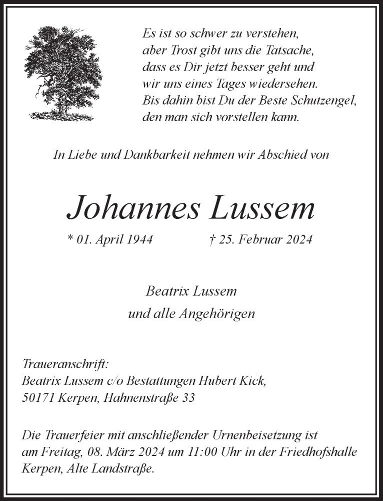 Traueranzeige für Johannes Lussem vom 01.03.2024 aus  Werbepost 