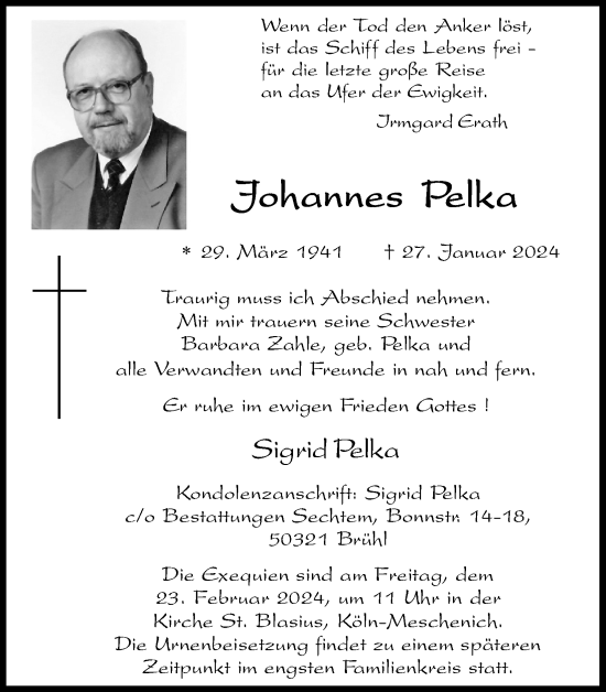 Anzeige von Johannes Pelka von Kölner Stadt-Anzeiger / Kölnische Rundschau / Express