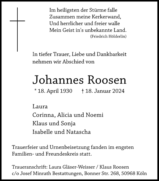 Anzeige von Johannes Roosen von Kölner Stadt-Anzeiger / Kölnische Rundschau / Express