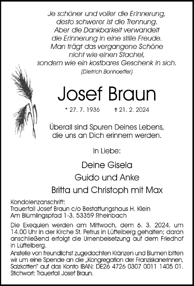  Traueranzeige für Josef Braun vom 01.03.2024 aus  Schaufenster/Blickpunkt 