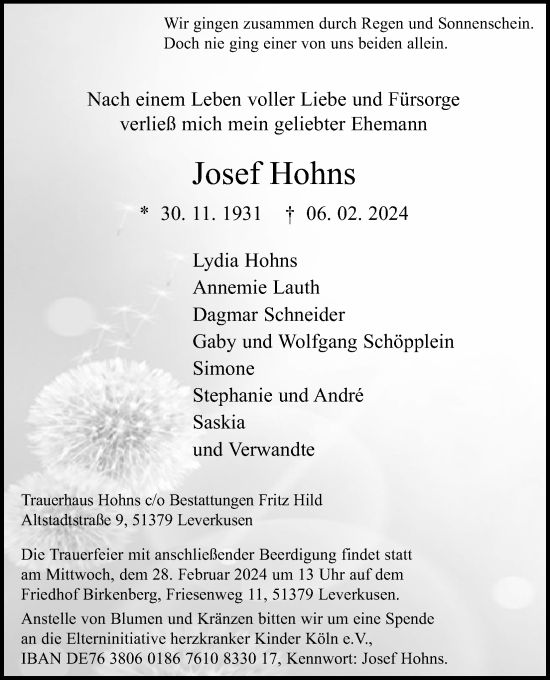Anzeige von Josef Hohns von Kölner Stadt-Anzeiger / Kölnische Rundschau / Express