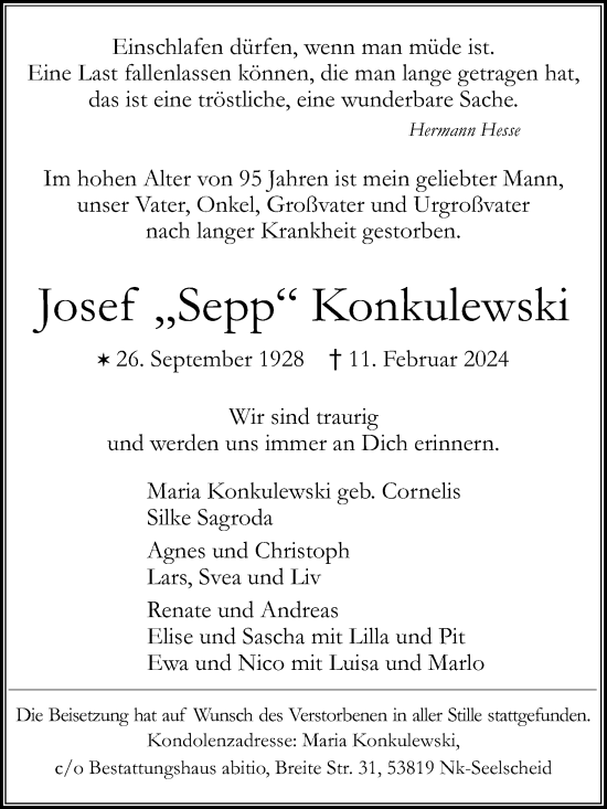 Anzeige von Josef Konkulewski von Kölner Stadt-Anzeiger / Kölnische Rundschau / Express