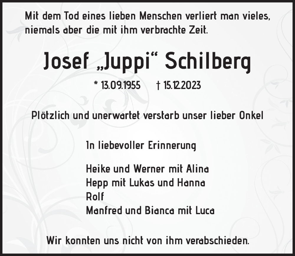  Traueranzeige für Josef Schilberg vom 02.02.2024 aus  Werbepost 