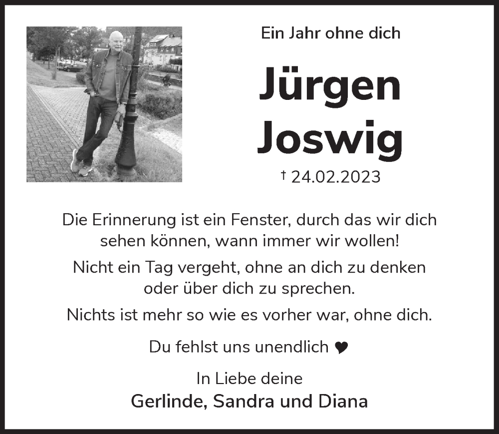 Traueranzeige für Jürgen Joswig vom 23.02.2024 aus  Anzeigen Echo 