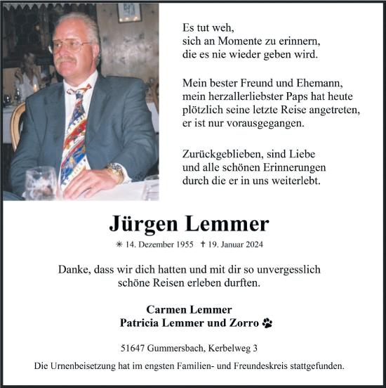 Anzeige von Jürgen Lemmer von  Anzeigen Echo 