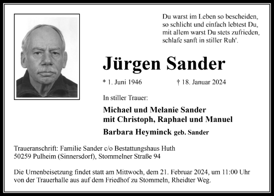 Anzeige von Jürgen Sander von  Wochenende 