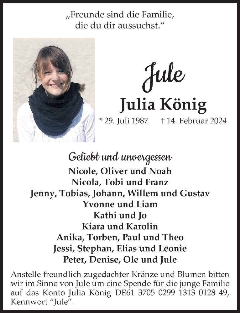  Traueranzeige für Julia König vom 23.02.2024 aus  Bergisches Handelsblatt 