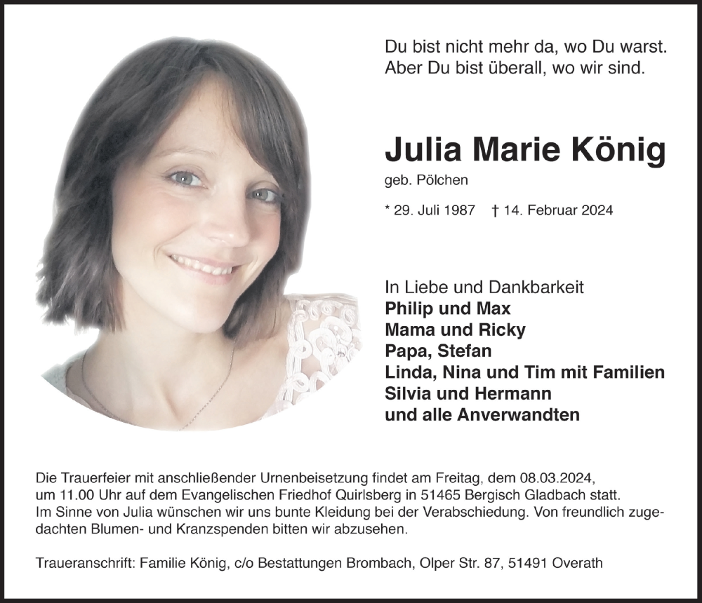  Traueranzeige für Julia König vom 23.02.2024 aus  Bergisches Handelsblatt 