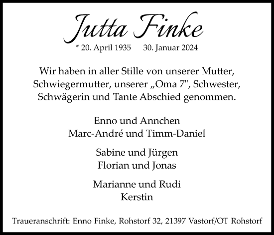 Anzeige von Jutta Finke von Kölner Stadt-Anzeiger / Kölnische Rundschau / Express