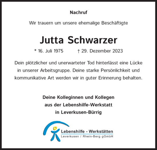 Anzeige von Jutta Schwarzer von Kölner Stadt-Anzeiger / Kölnische Rundschau / Express