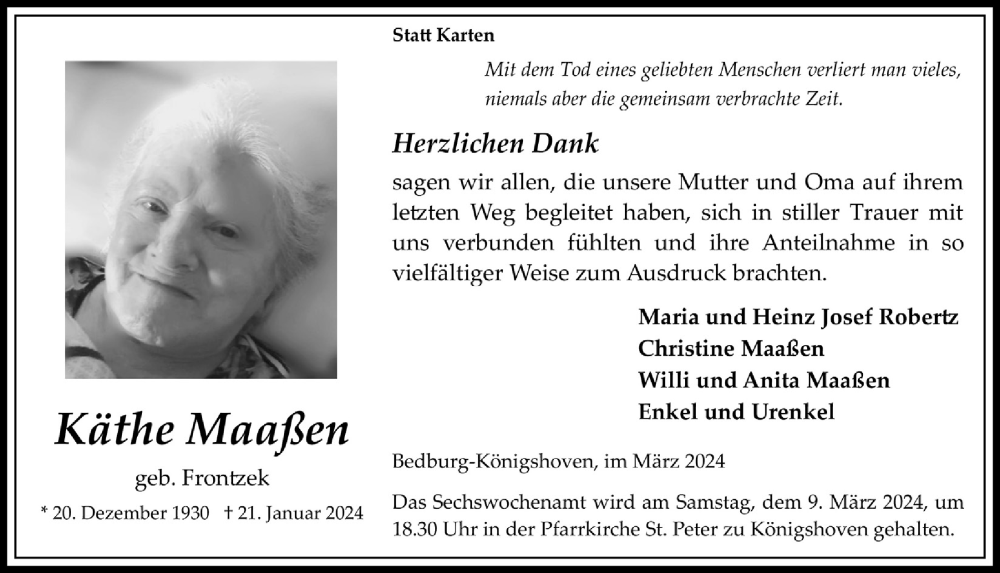  Traueranzeige für Käthe Maaßen vom 01.03.2024 aus  Werbepost 