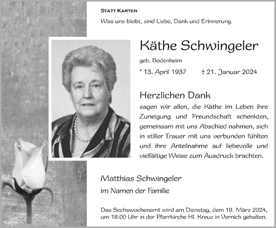 Anzeige von Käthe Schwingeler von  Blickpunkt Euskirchen 