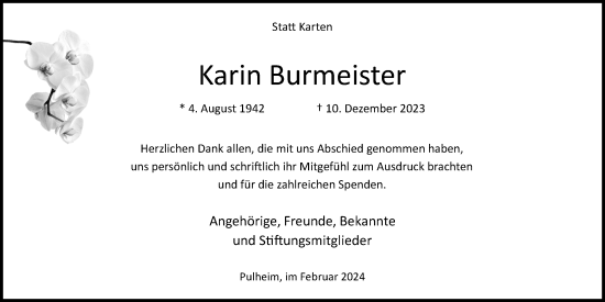 Anzeige von Karin Burmeister von Kölner Stadt-Anzeiger / Kölnische Rundschau / Express