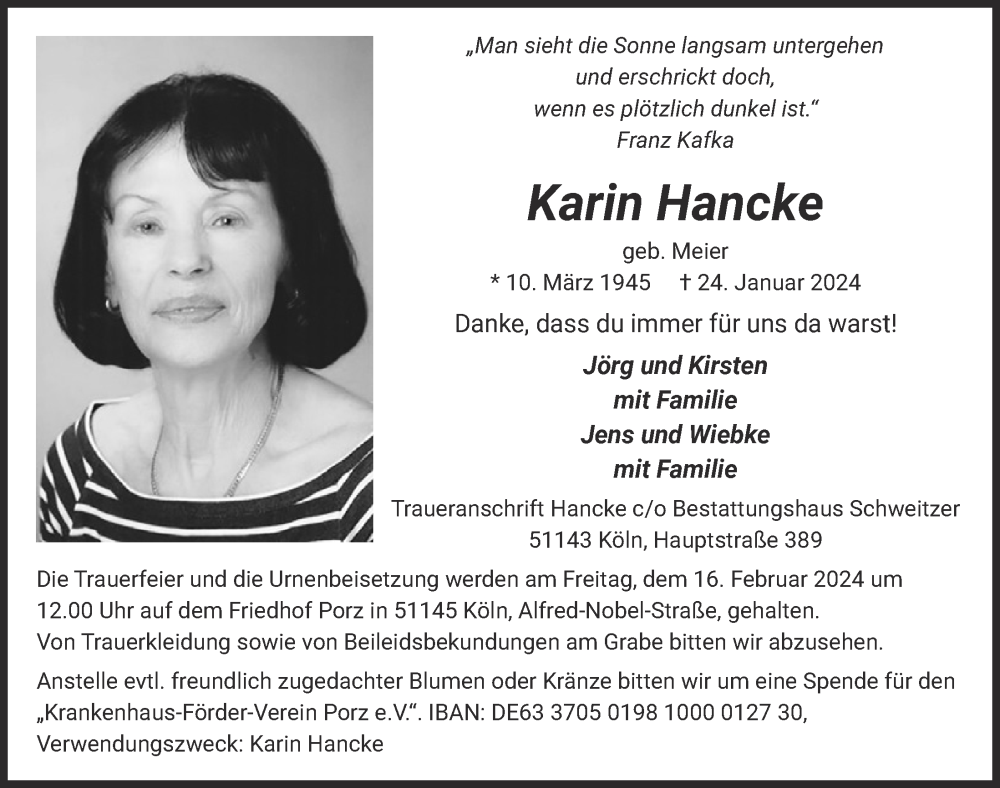  Traueranzeige für Karin Hancke vom 09.02.2024 aus  EXPRESS - Die Woche 