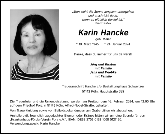 Anzeige von Karin Hancke von Kölner Stadt-Anzeiger / Kölnische Rundschau / Express