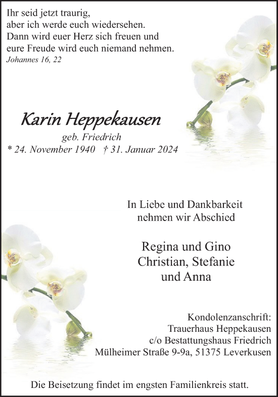 Anzeige von Karin Heppekausen von Kölner Stadt-Anzeiger / Kölnische Rundschau / Express