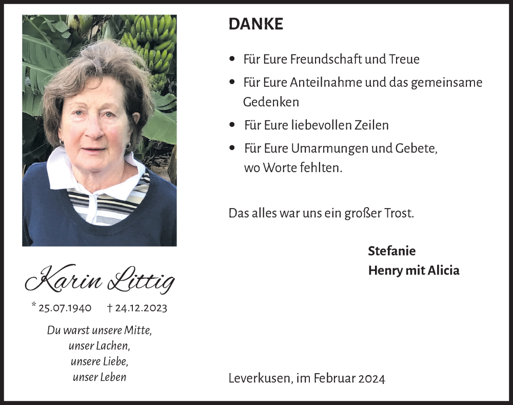  Traueranzeige für Karin Littig vom 09.02.2024 aus  Lokale Informationen 