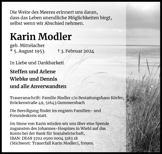 Anzeige von Karin Modler von Kölner Stadt-Anzeiger / Kölnische Rundschau / Express