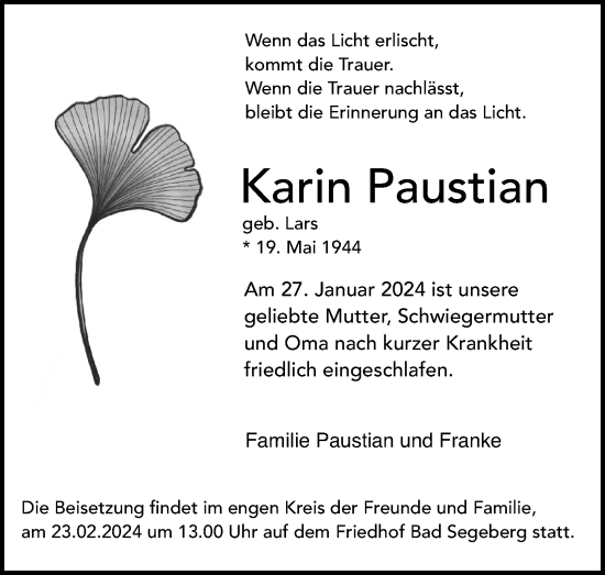 Anzeige von Karin Paustian von Kölner Stadt-Anzeiger / Kölnische Rundschau / Express