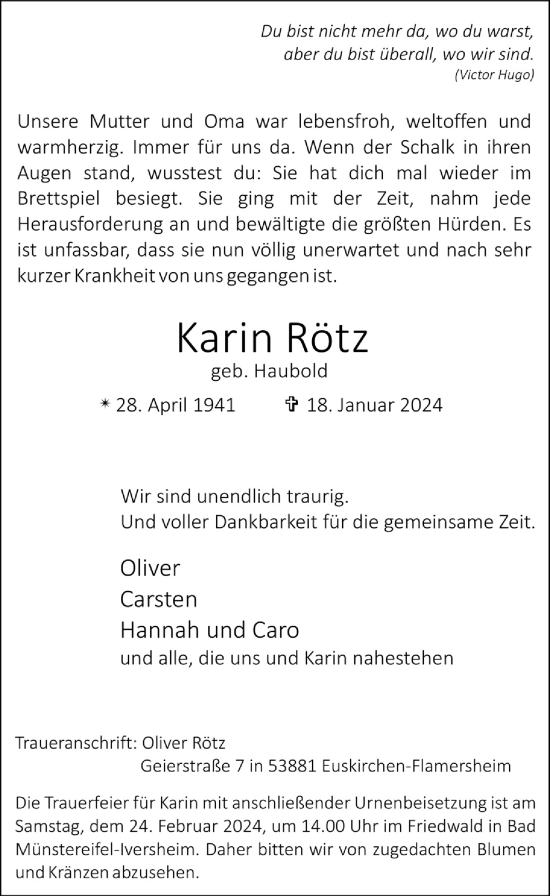 Anzeige von Karin Rötz von  Schaufenster/Blickpunkt 