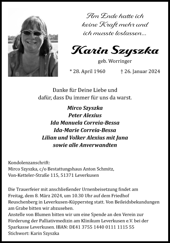 Anzeige von Karin Szyszka von Kölner Stadt-Anzeiger / Kölnische Rundschau / Express
