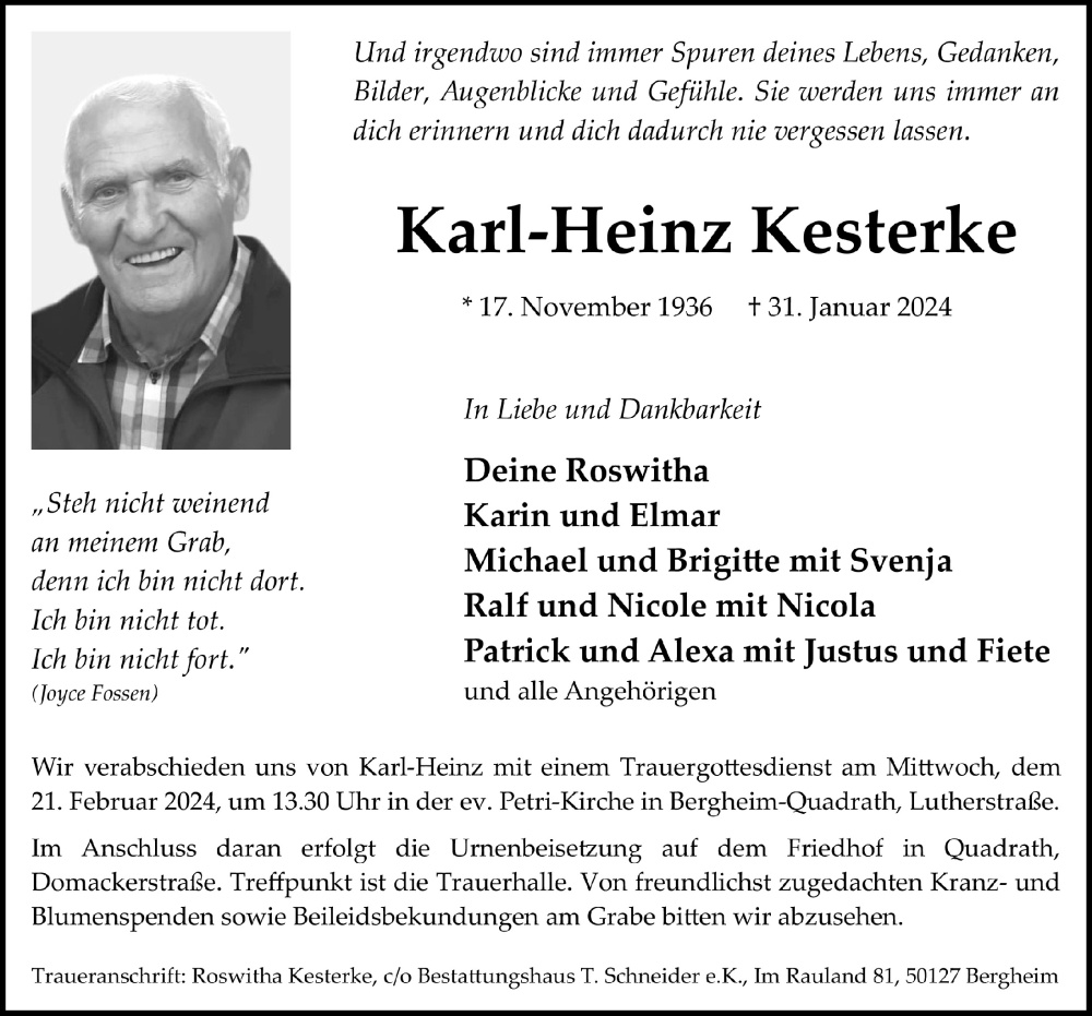  Traueranzeige für Karl-Heinz Kesterke vom 09.02.2024 aus  Werbepost 
