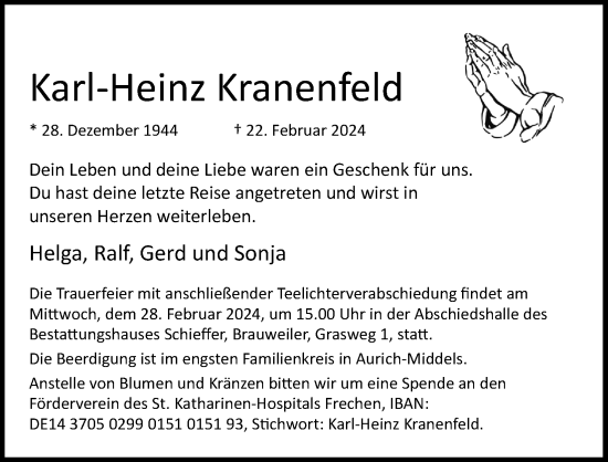 Anzeige von Karl-Heinz Kranenfeld von Kölner Stadt-Anzeiger / Kölnische Rundschau / Express