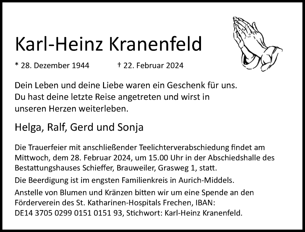  Traueranzeige für Karl-Heinz Kranenfeld vom 24.02.2024 aus Kölner Stadt-Anzeiger / Kölnische Rundschau / Express