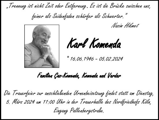 Anzeige von Karl Komenda von Kölner Stadt-Anzeiger / Kölnische Rundschau / Express