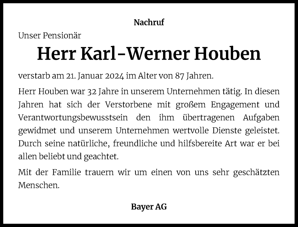  Traueranzeige für Karl-Werner Houben vom 06.02.2024 aus Kölner Stadt-Anzeiger / Kölnische Rundschau / Express