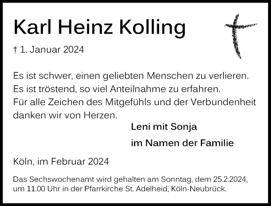 Anzeige von Karl Heinz Kolling von Kölner Stadt-Anzeiger / Kölnische Rundschau / Express