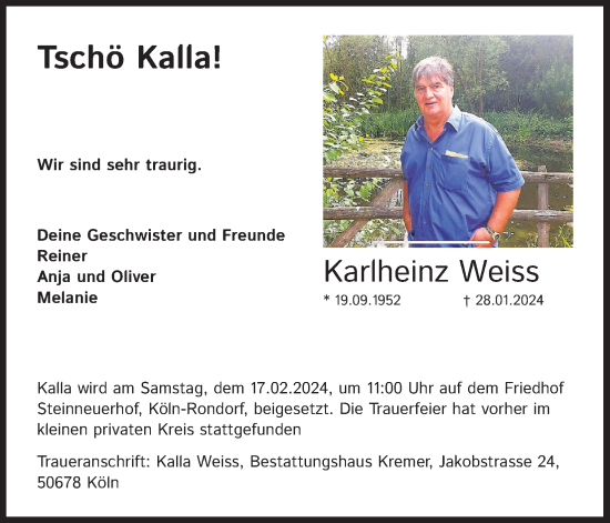 Anzeige von Karlheinz Weiss von Kölner Stadt-Anzeiger / Kölnische Rundschau / Express