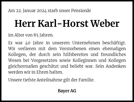 Anzeige von Karl Horst Weber von Kölner Stadt-Anzeiger / Kölnische Rundschau / Express
