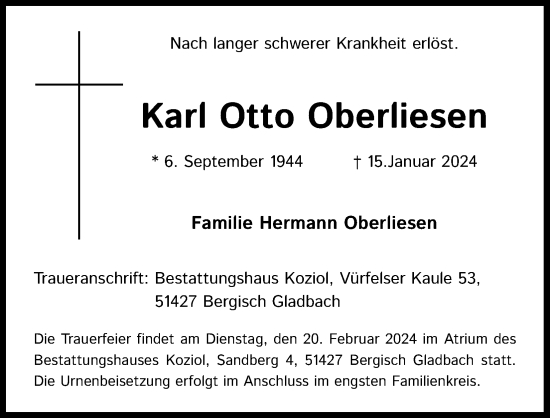 Anzeige von Karl Otto Oberliesen von Kölner Stadt-Anzeiger / Kölnische Rundschau / Express