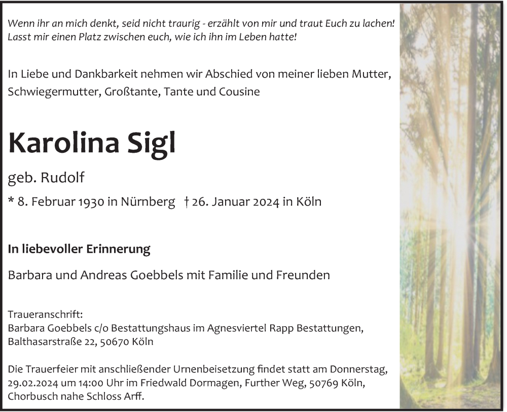  Traueranzeige für Karolina Sigl vom 03.02.2024 aus Kölner Stadt-Anzeiger / Kölnische Rundschau / Express