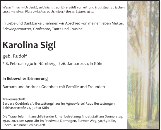 Anzeige von Karolina Sigl von Kölner Stadt-Anzeiger / Kölnische Rundschau / Express