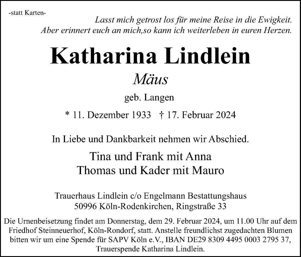  Traueranzeige für Katharina Lindlein vom 24.02.2024 aus Kölner Stadt-Anzeiger / Kölnische Rundschau / Express