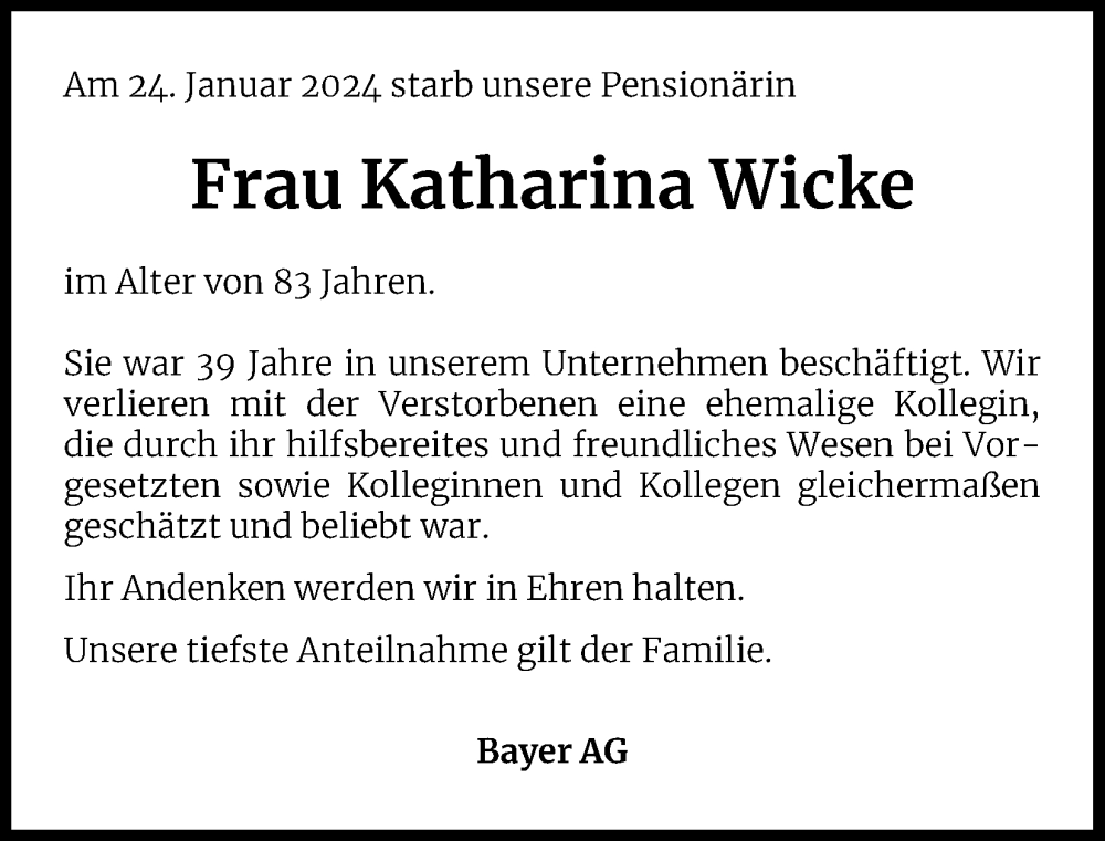  Traueranzeige für Katharina Wicke vom 22.02.2024 aus Kölner Stadt-Anzeiger / Kölnische Rundschau / Express