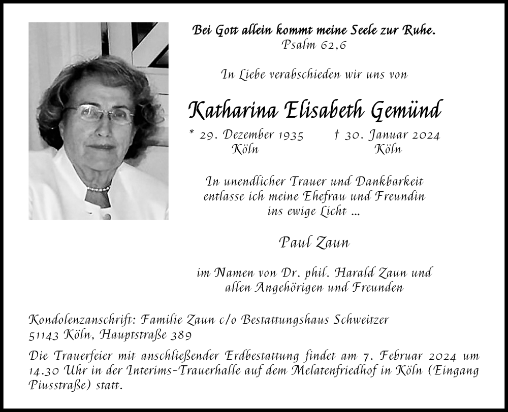  Traueranzeige für Katharina Elisabeth Gemünd vom 03.02.2024 aus Kölner Stadt-Anzeiger / Kölnische Rundschau / Express