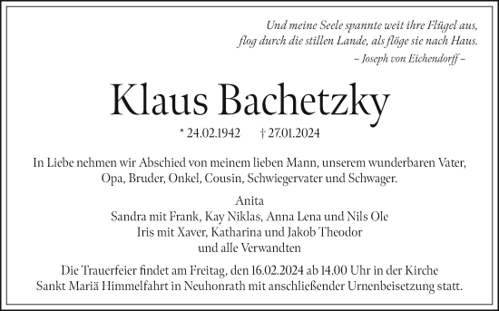 Anzeige von Klaus Bachetzky von Kölner Stadt-Anzeiger / Kölnische Rundschau / Express
