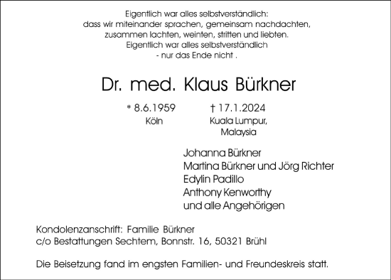 Anzeige von Klaus Bürkner von  Schlossbote/Werbekurier 