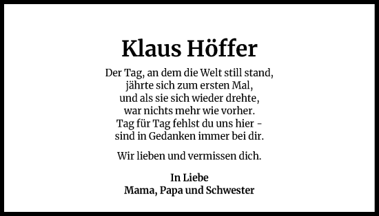 Anzeige von Klaus Höffer von Kölner Stadt-Anzeiger / Kölnische Rundschau / Express