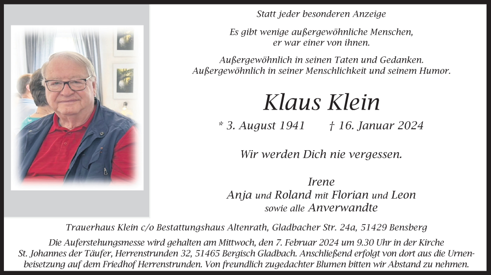  Traueranzeige für Klaus Klein vom 03.02.2024 aus Kölner Stadt-Anzeiger / Kölnische Rundschau / Express