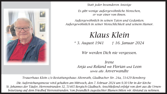 Anzeige von Klaus Klein von Kölner Stadt-Anzeiger / Kölnische Rundschau / Express