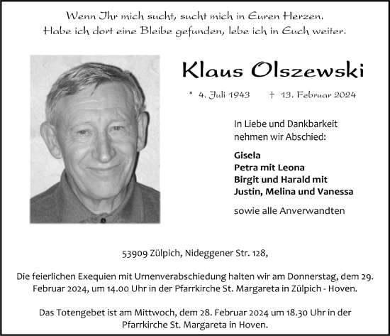 Anzeige von Klaus Olszewski von  Blickpunkt Euskirchen 